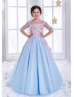 Elbow Sleeves Sky Blue Tulle Pink 3D Floral Appliques Flower Girl Dress